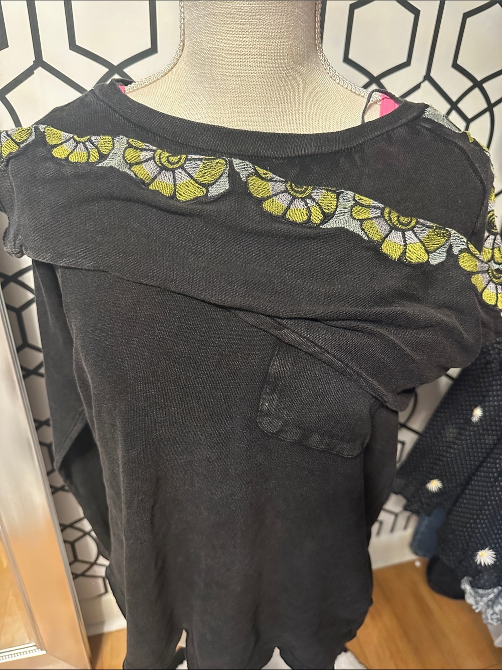 Free people xs Black Long Sleeve Tee with Yellow Floral Embroidery